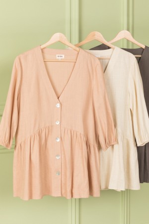 Cut-Out V-Neck Linen Woven Puff Sleeves